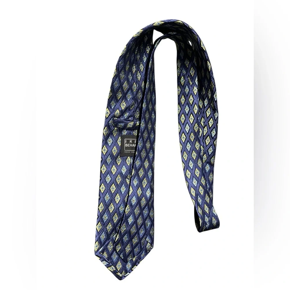 Ike Behar blue and yellow diamond print 100% silk hand tailored in USA tie